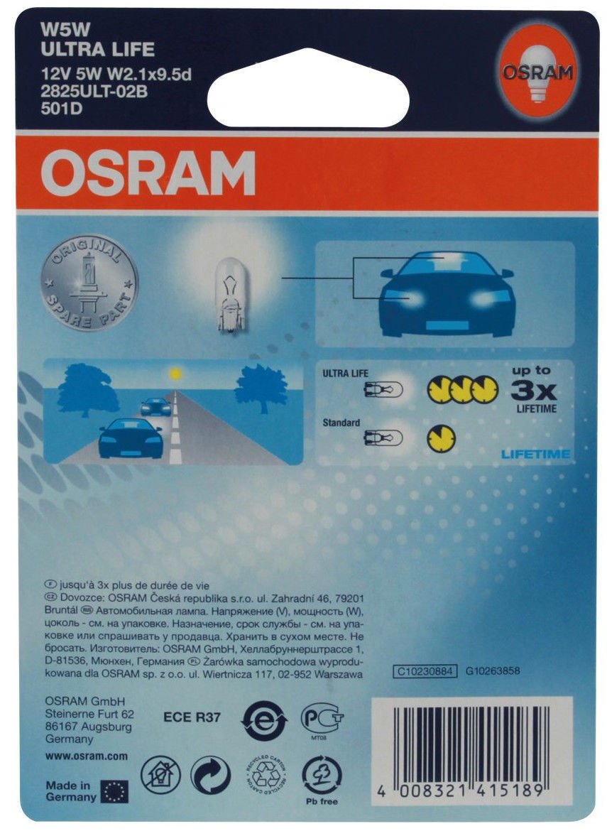 Halogeninės automobilio lemputės Osram Ultra Life W5W (T10), 2825ULT-02B - Image 2